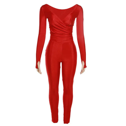 Autumn Solid Casual Two Piece Set Women Sexy Wrapped V Neck Off Shoulder Gloves Long Sleeve Crop Top Slim Split Pants Suits