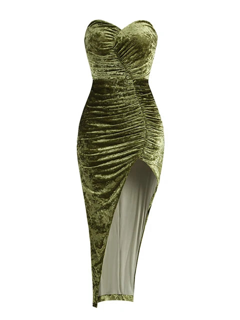 Ladies Strapless Folds High Split Backless Elegant Celebrity Cocktail Party Club Rmy Green Sleeveless Sexy Maxi Dress