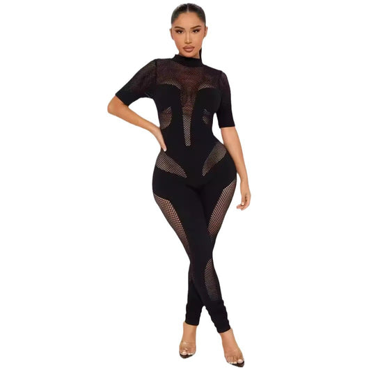 Round neck short sleeved see through slim fit sexy one-piece knitted jumpsuit for women