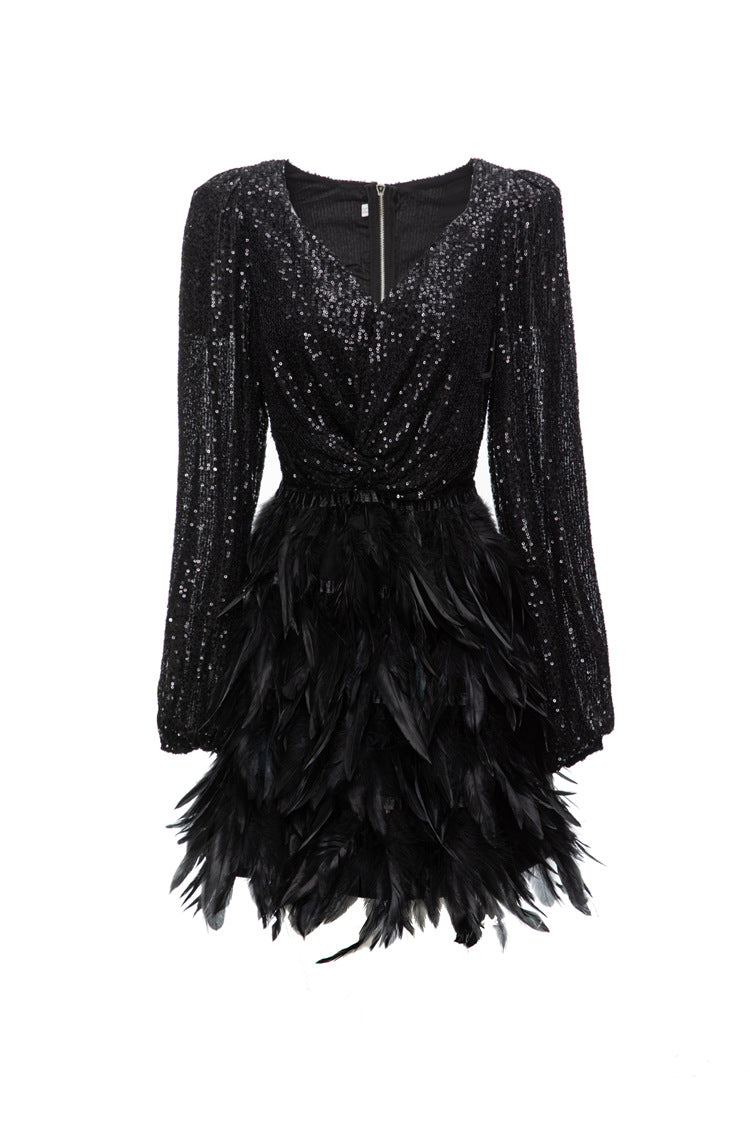 Spliced Feathers Dresses For Women V Neck Lantern Sleeve High Waist Patchwork Sequins Elegant Dress Female Clothing