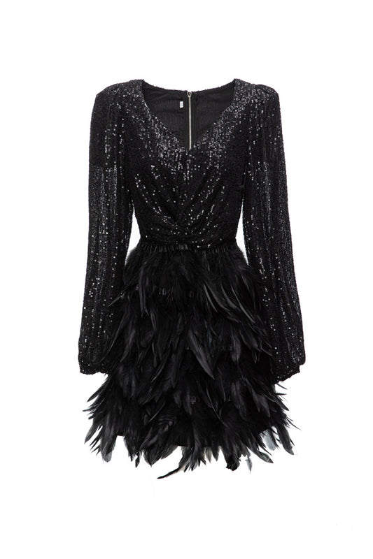 Spliced Feathers Dresses For Women V Neck Lantern Sleeve High Waist Patchwork Sequins Elegant Dress Female Clothing