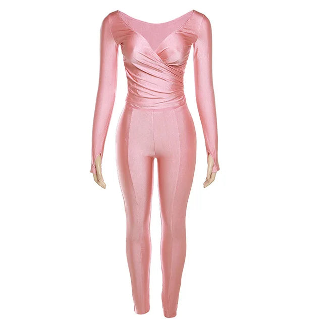 Autumn Solid Casual Two Piece Set Women Sexy Wrapped V Neck Off Shoulder Gloves Long Sleeve Crop Top Slim Split Pants Suits