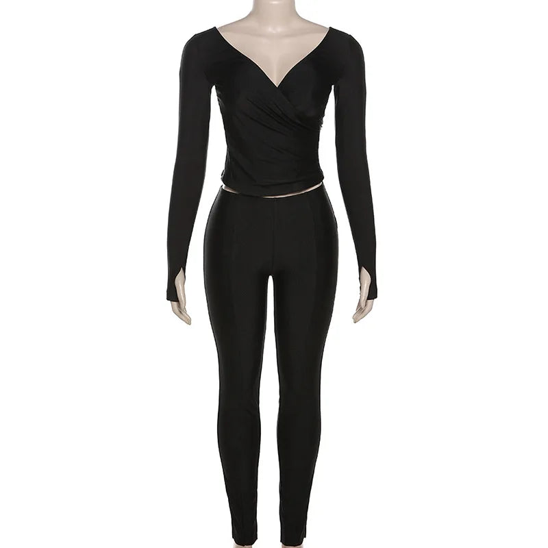 Autumn Solid Casual Two Piece Set Women Sexy Wrapped V Neck Off Shoulder Gloves Long Sleeve Crop Top Slim Split Pants Suits