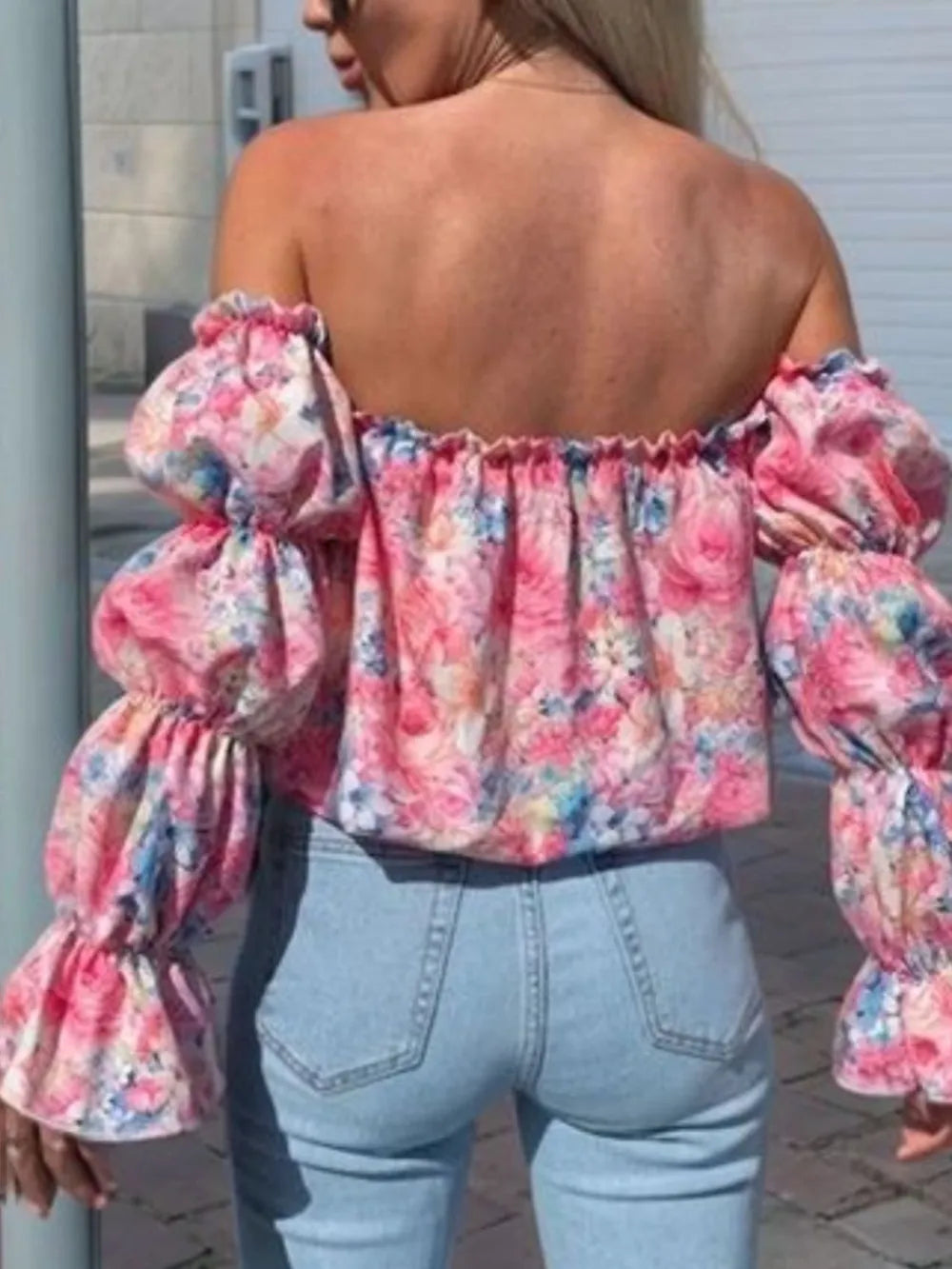Spring new style bubble sleeve one collar floral sexy waist cinching shirt for women
