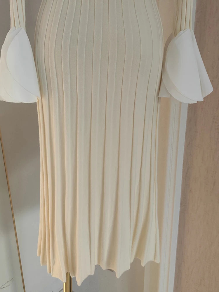 Splicing Knitting Elegant Dresses For Women Square Collar Petal Border Long Sleeve Dress New Spring Clothing