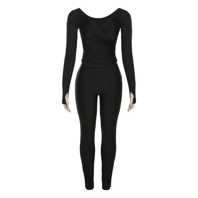 Autumn Solid Casual Two Piece Set Women Sexy Wrapped V Neck Off Shoulder Gloves Long Sleeve Crop Top Slim Split Pants Suits