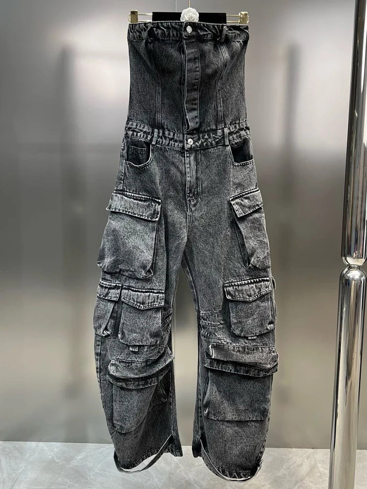 Solid Jumpsuits For Women Strapless Sleeveless High Waist Cargo Pants Summer  Jumpsuit Female Fashion Clothing