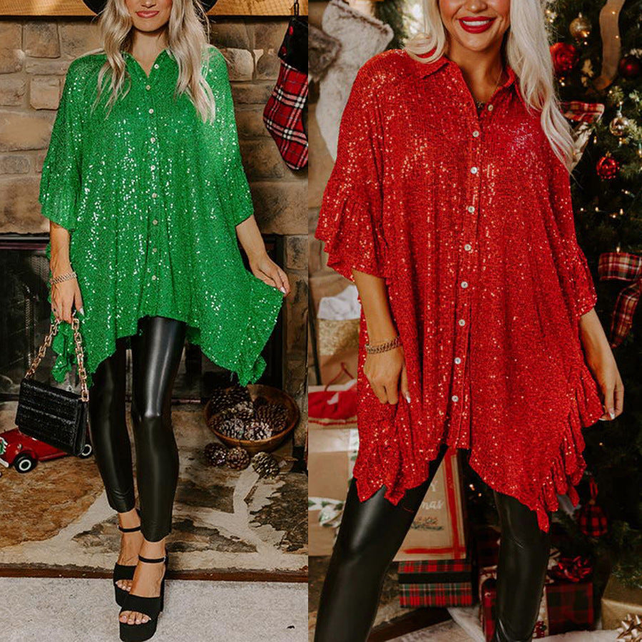 Mid-Sleeve Sequin Holiday Shirt for Women