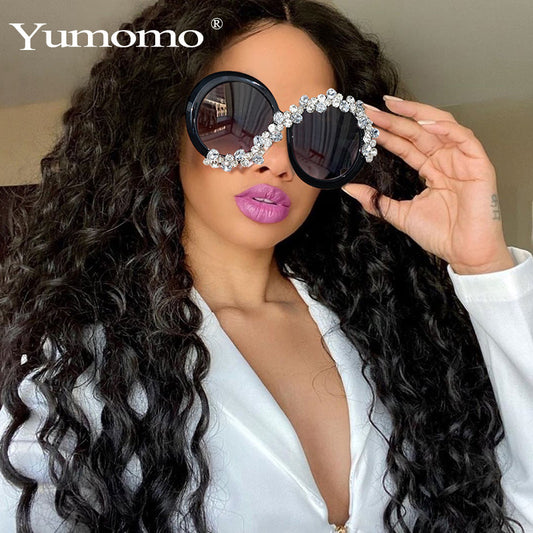 New Fashion Exaggerated Diamond Encrusted Large Frame Round Sunglasses Personality Street Shot Ladies Sunshade Sunglasses