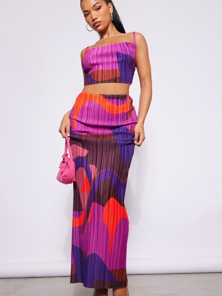 Purple Printed Pleated Sling Top And Skirt Sets Sleeveless Crop Tops Wrap Hip Long Skirts Suit