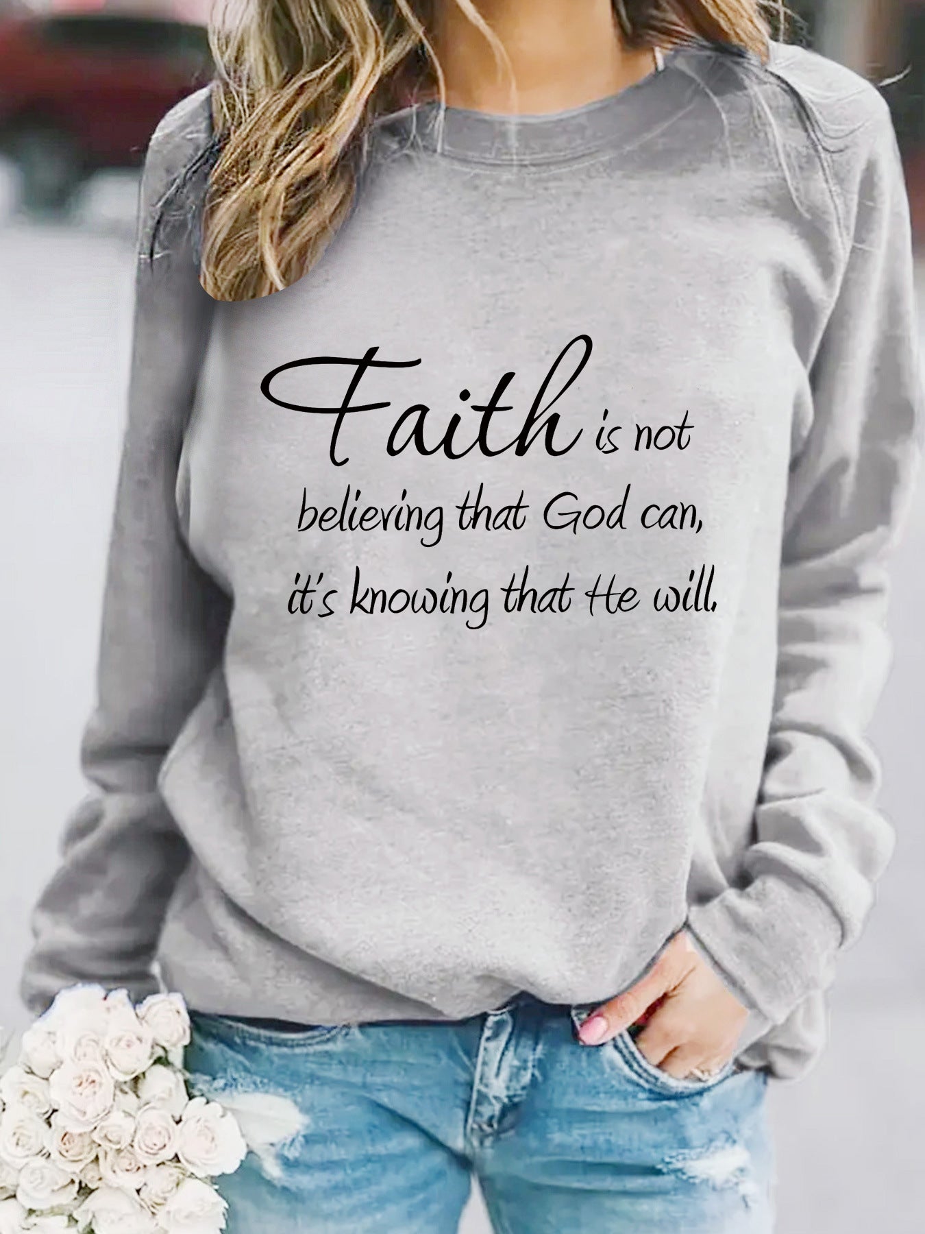 Round neck faith is printed pullover sweatshirt
