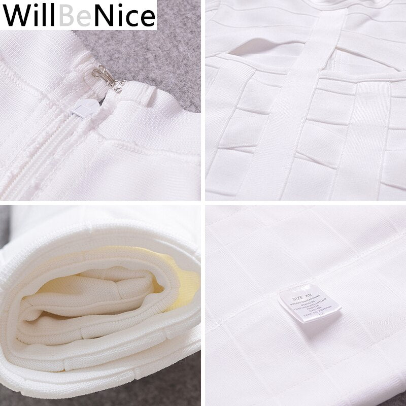 Women Bodycon Bandage Dress White Long Sleeve Hollow Out Club Dress Vestidos Celebrity Evening Party Midi Dress