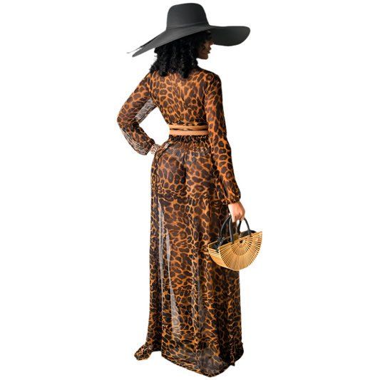 VAZN Spring and Summer European and American Women's Leopard Print Chiffon Print Skirt Set of 2 Pieces (Without Underwear)