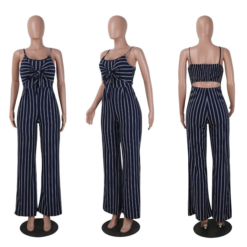 Blue Bodycon Backless Stripe Jumpsuits Women Sexy Party Clubwear Jumpsuits Casual Bowtie Overalls Jumpsuit Plus Size