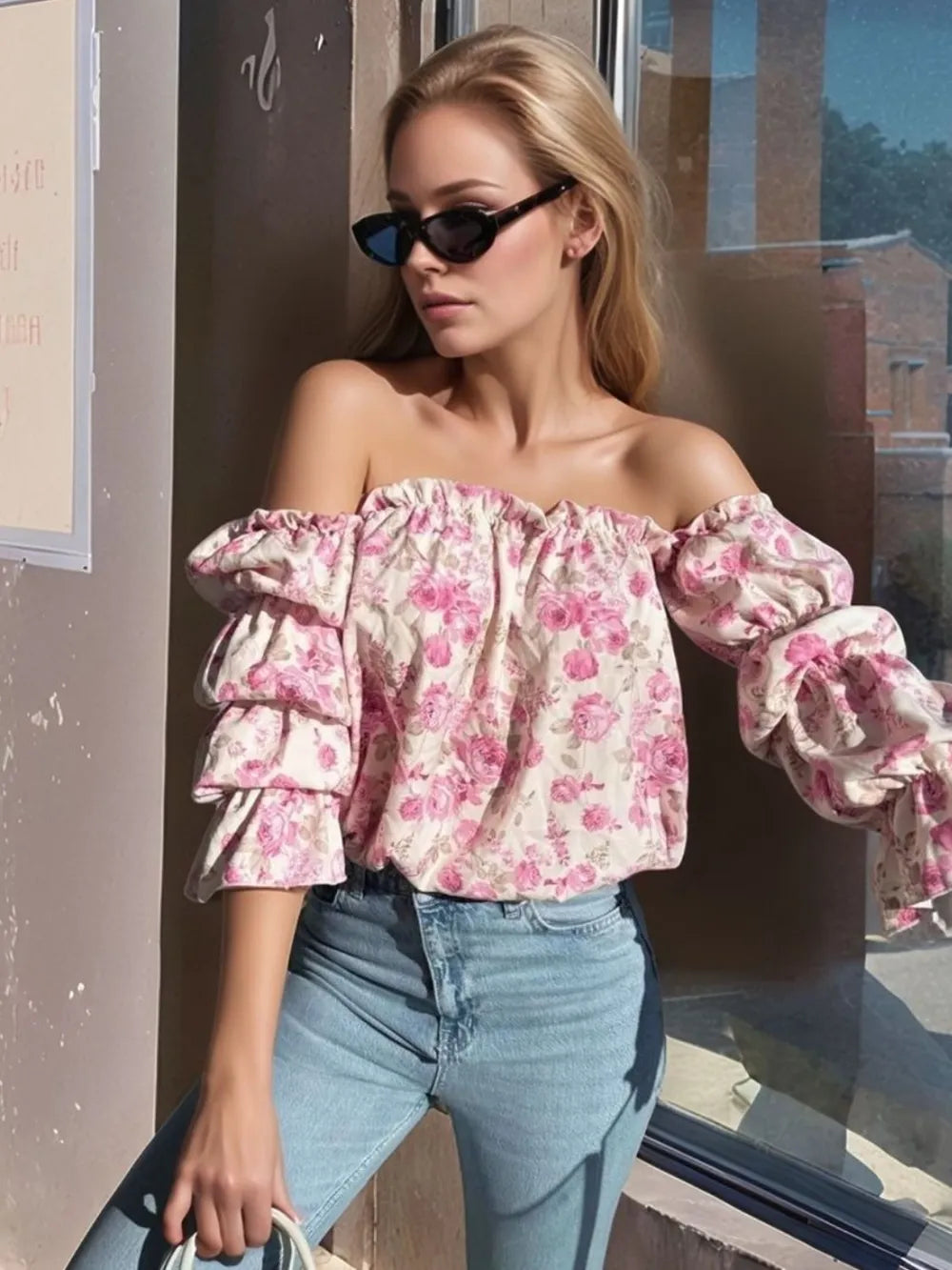 Spring new style bubble sleeve one collar floral sexy waist cinching shirt for women