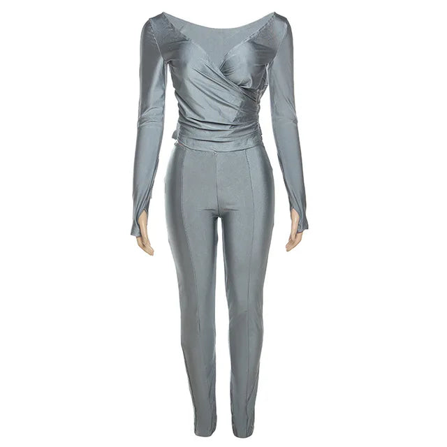 Autumn Solid Casual Two Piece Set Women Sexy Wrapped V Neck Off Shoulder Gloves Long Sleeve Crop Top Slim Split Pants Suits