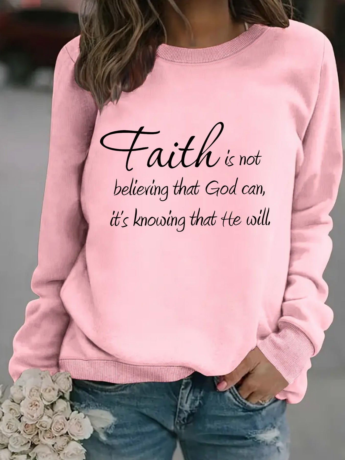 Round neck faith is printed pullover sweatshirt