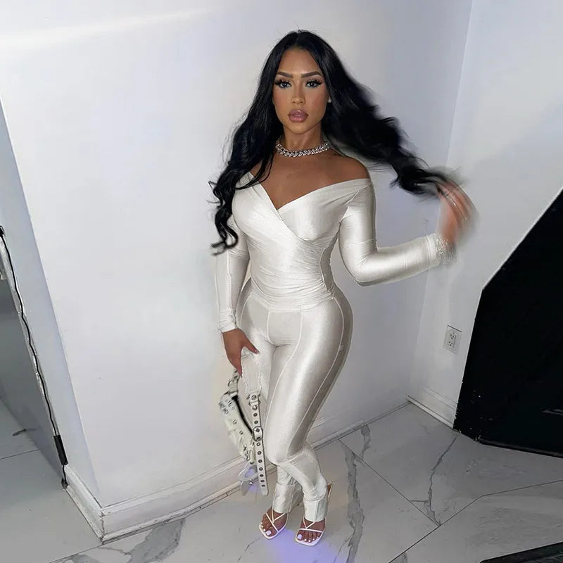 Autumn Solid Casual Two Piece Set Women Sexy Wrapped V Neck Off Shoulder Gloves Long Sleeve Crop Top Slim Split Pants Suits