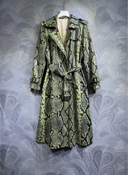 New Style  Fashion Designer Coat Women's Long Sleeve Belt Slim Fit High Waist Snakeskin grain Coat