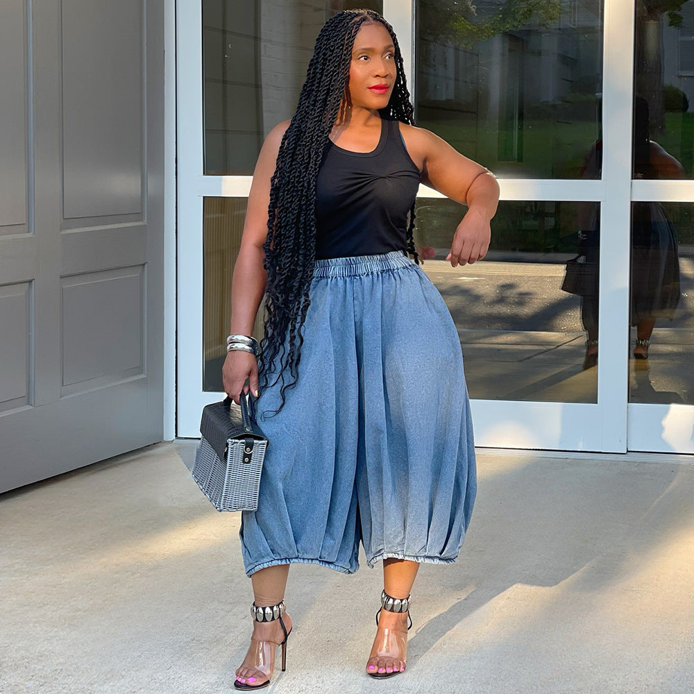 Street fashion casual jeans elastic waist straight leg wide leg cropped pants