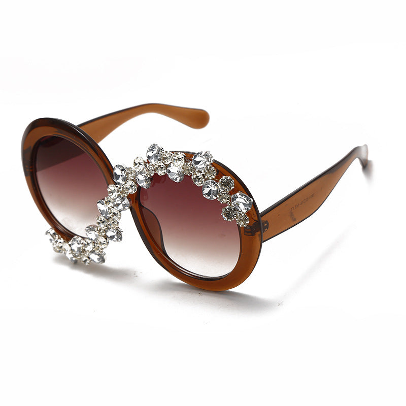 New Fashion Exaggerated Diamond Encrusted Large Frame Round Sunglasses Personality Street Shot Ladies Sunshade Sunglasses