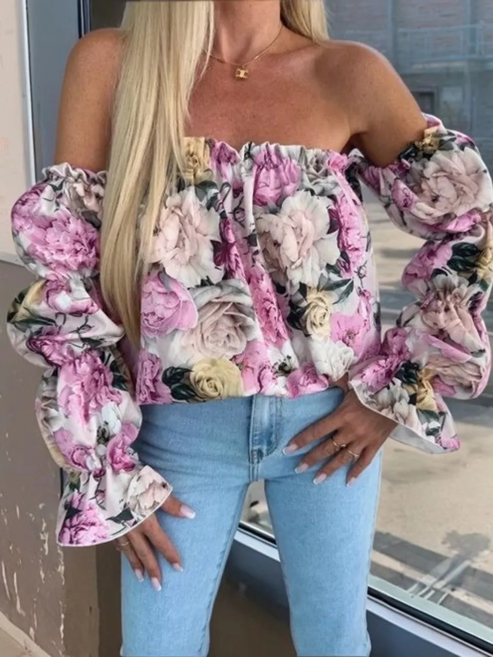 Spring new style bubble sleeve one collar floral sexy waist cinching shirt for women