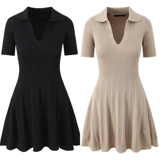 Fashionable waist cinched V-neck short sleeved knitted jumpsuit short skirt