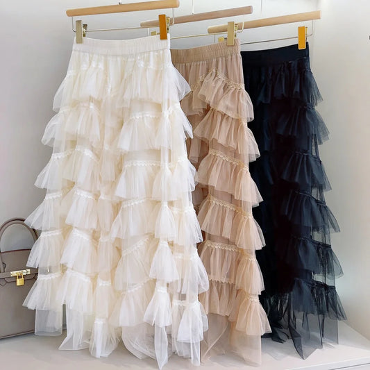 Patchwork Lace Tulle Tiered Tutu Maxi Skirt Women 2023 Spring Summer Korean Fashion Mesh High Waist Long Skirt Female