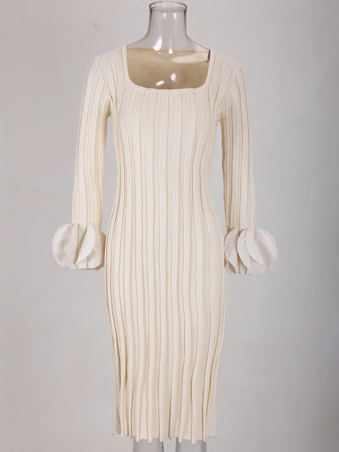 Splicing Knitting Elegant Dresses For Women Square Collar Petal Border Long Sleeve Dress New Spring Clothing