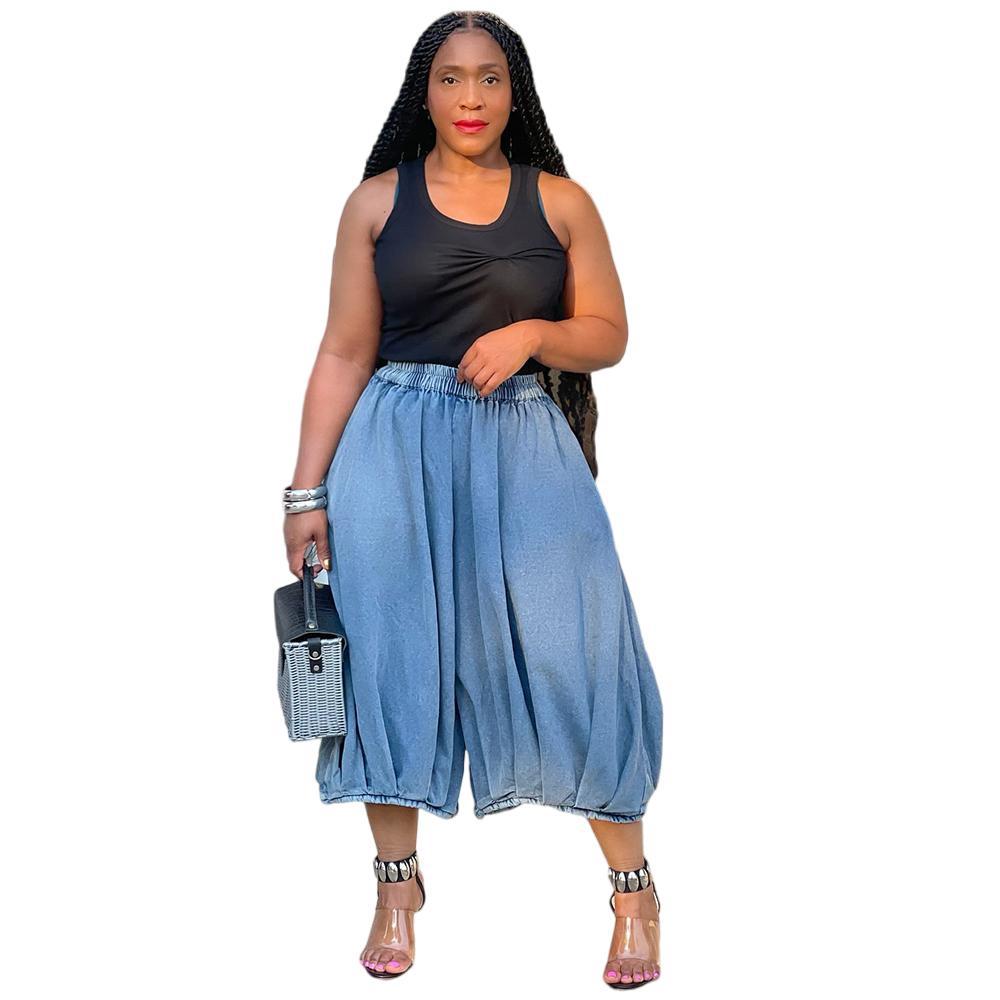 Street fashion casual jeans elastic waist straight leg wide leg cropped pants