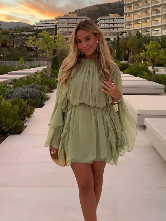 Elegant Green Ruffles Mini Dress For Women Fashion Long Flare Sleeves Round Neck Casual Short Vestidos  Summer Holiday Robes