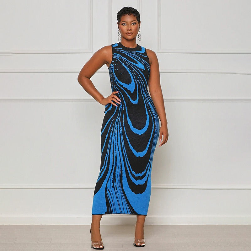 Women Wave Striped O-neck Sleeveless  Ribbed Birthday Bodycon Midi Maxi Dress  INS Sexy Party Dresses