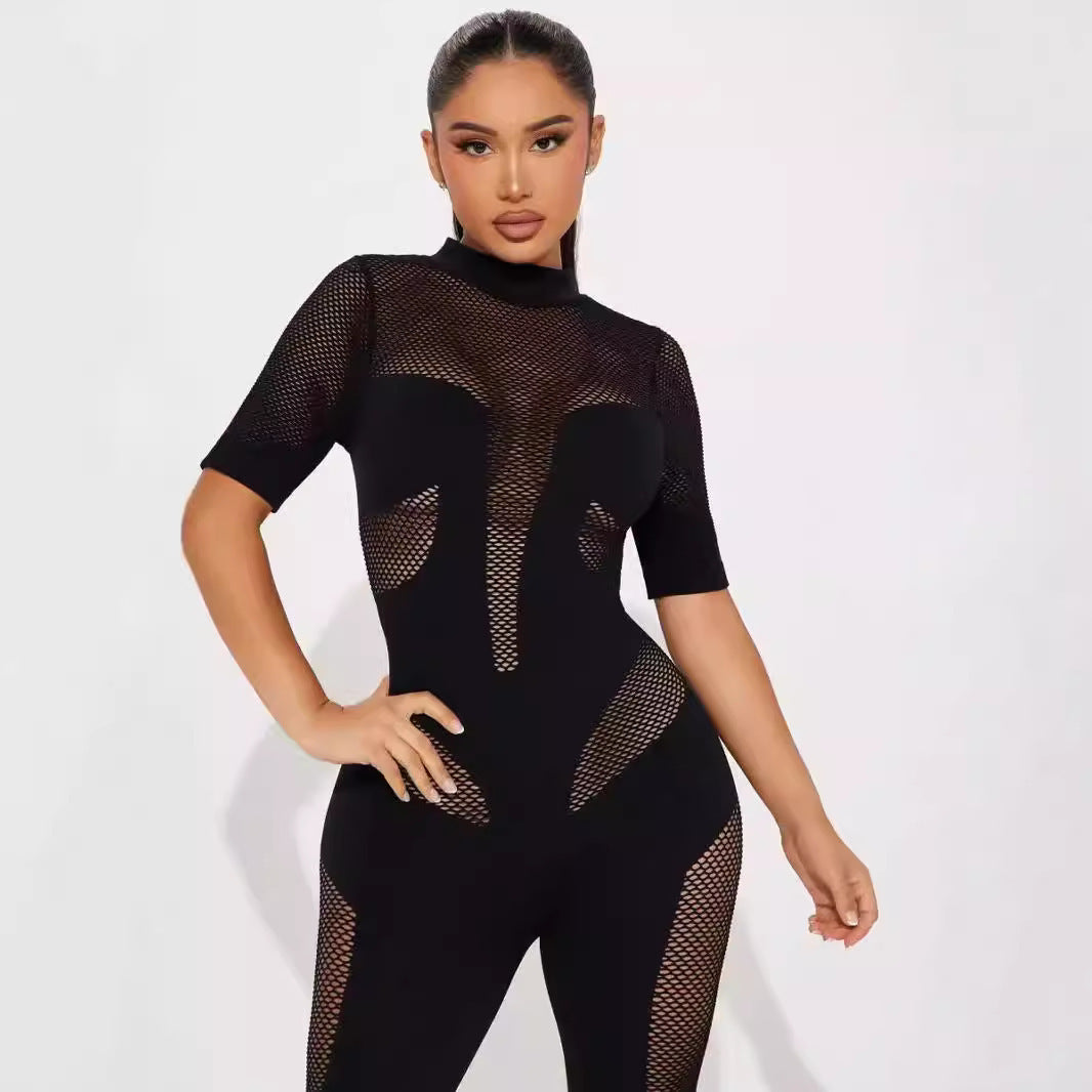 Round neck short sleeved see through slim fit sexy one-piece knitted jumpsuit for women