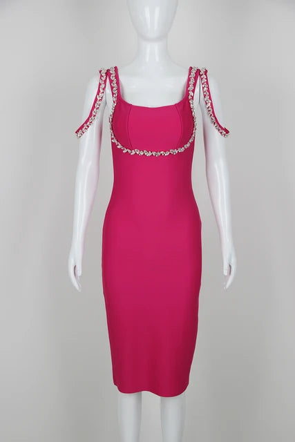 Factory Wholesale Women's 2024 Rose Red Spaghetti Strap Diamond Tight Sexy Celebrity Cocktail Party Bandage Dress
