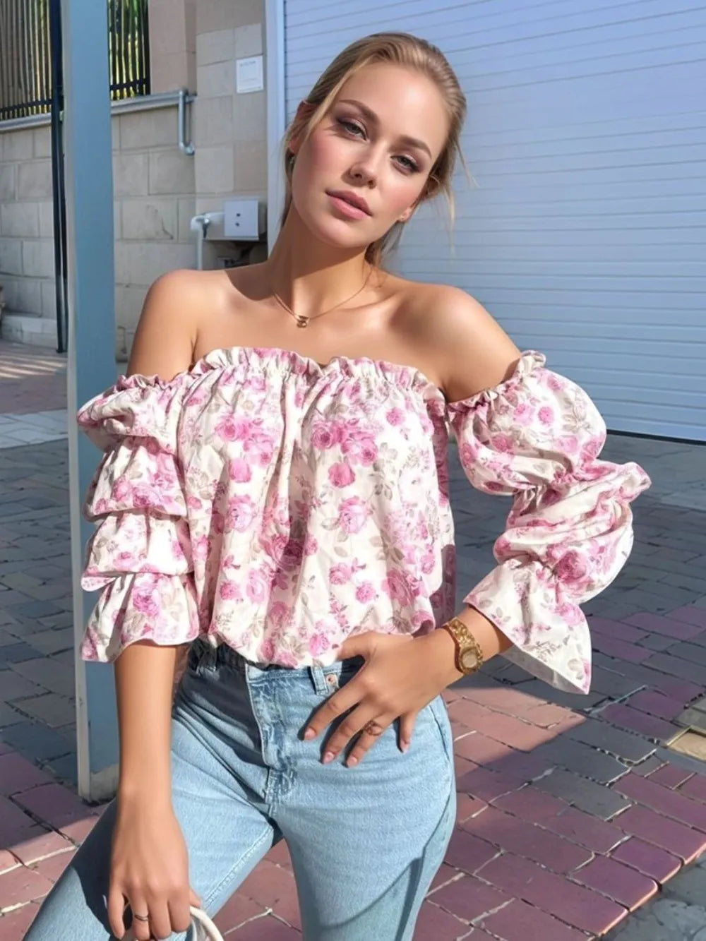 Spring new style bubble sleeve one collar floral sexy waist cinching shirt for women