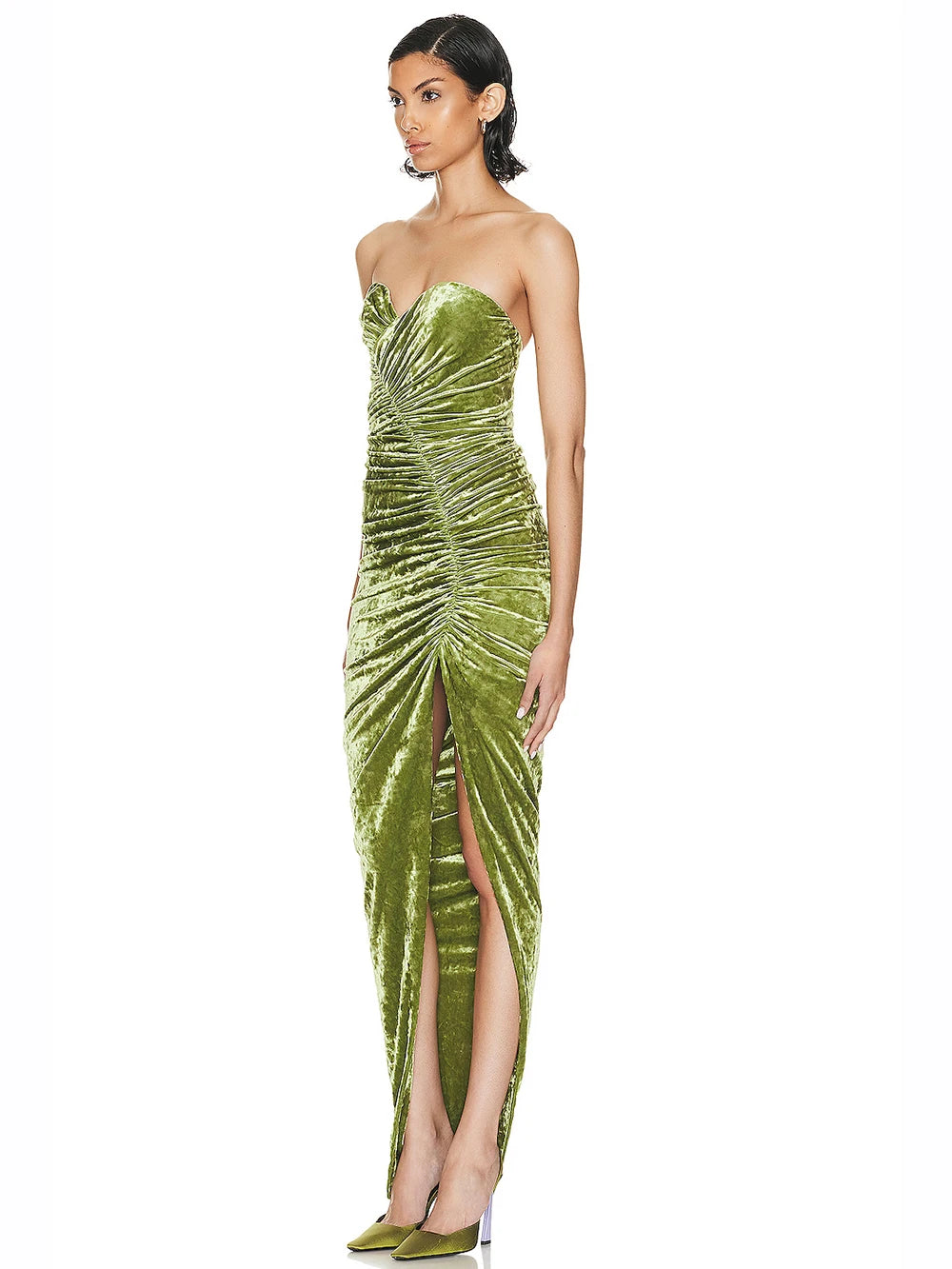 Ladies Strapless Folds High Split Backless Elegant Celebrity Cocktail Party Club Rmy Green Sleeveless Sexy Maxi Dress